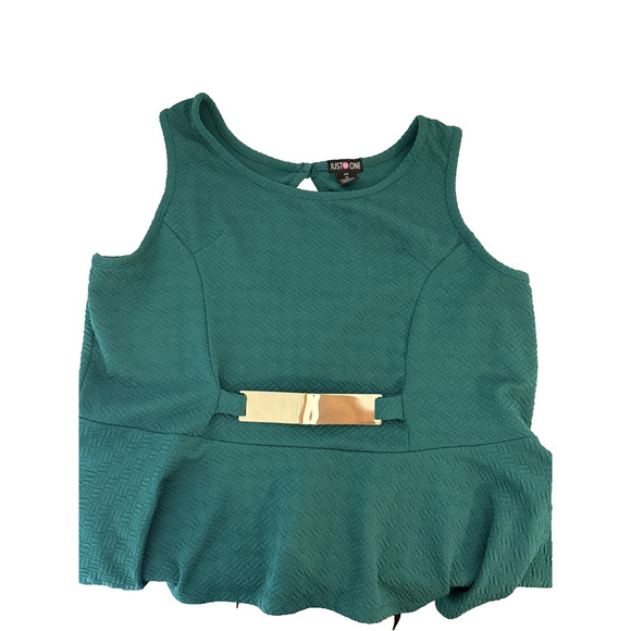 Just One Blouse Womens 2XL Green Textured Peplum Asymmetrical Hem Gold Belt Plus - Picture 3 of 4